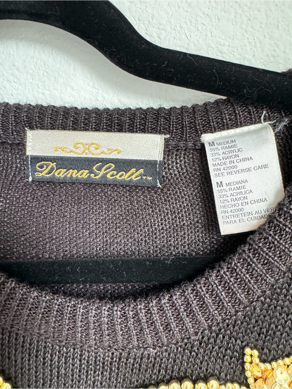 Diane Freis Black Sweater with Gold Sequin Floral Embellishment - Picture 8 of 9